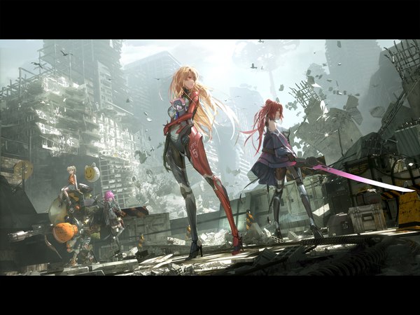 Anime picture 3000x2250 with tower of fantasy nemesis (tower of fantasy) iset (tower of fantasy) frigg (tower of fantasy) seele (tower of fantasy) fen bang laoda long hair looking at viewer highres short hair blonde hair red eyes standing twintails multiple girls looking away pink hair silver hair full body outdoors
