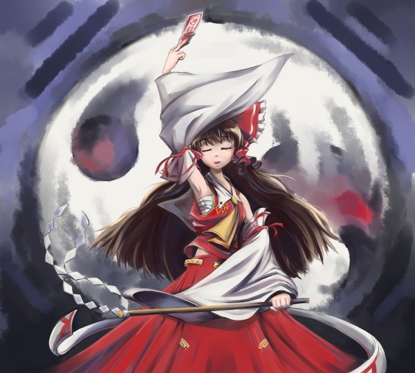 Anime picture 2000x1800 with touhou hakurei reimu maz (fanxuying) single long hair highres black hair eyes closed miko girl skirt bow hair bow detached sleeves skirt set
