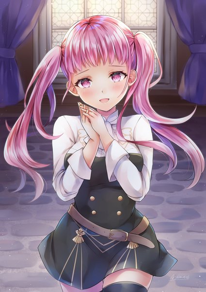 Anime picture 1003x1416 with fire emblem fire emblem: three houses nintendo hilda valentine goneril ayame (norie11) single long hair tall image looking at viewer blush fringe open mouth smile twintails signed pink hair indoors blunt bangs long sleeves :d