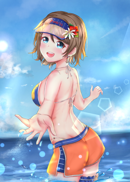 Anime picture 2920x4096 with love live! sunshine!! sunrise (studio) love live! watanabe you shuzuta single tall image looking at viewer blush fringe highres short hair breasts open mouth blue eyes light erotic smile hair between eyes standing sky