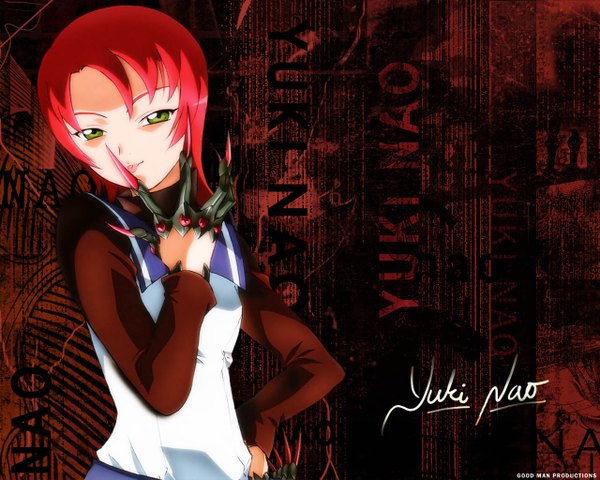 Anime picture 1280x1024 with mai hime sunrise (studio) yuuki nao xenogears (minitokyo) single looking at viewer short hair green eyes signed upper body red hair character names hand on hip third-party edit licking jpeg artifacts girl tongue claw (weapon)