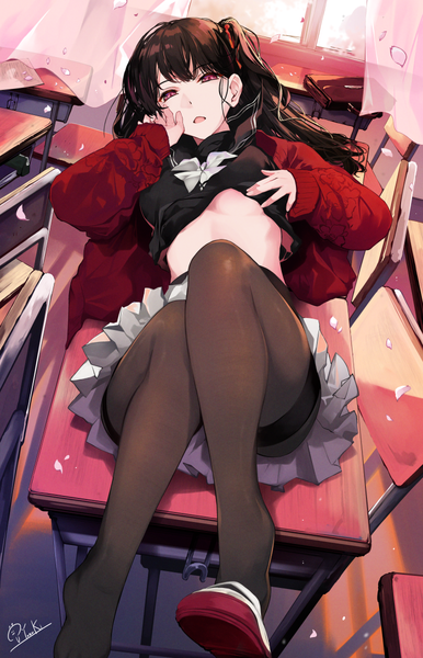Anime picture 772x1200 with original hirai yuzuki single long hair tall image looking at viewer fringe breasts open mouth light erotic black hair signed bent knee (knees) indoors lying pleated skirt pink eyes wind open jacket on back