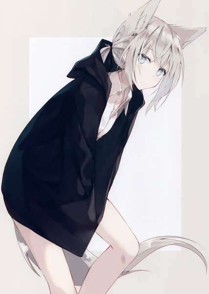 Anime picture 2099x2952 with original nagishiro mito single long hair tall image looking at viewer blush fringe highres simple background smile hair between eyes standing animal ears payot silver hair tail animal tail aqua eyes scan