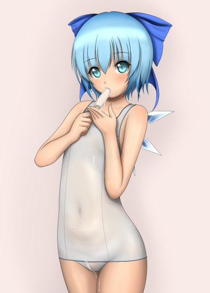 Anime picture 1078x1500 with touhou cirno dls single tall image blush fringe short hair blue eyes light erotic simple background hair between eyes standing bare shoulders holding payot blue hair looking away bare legs mouth hold