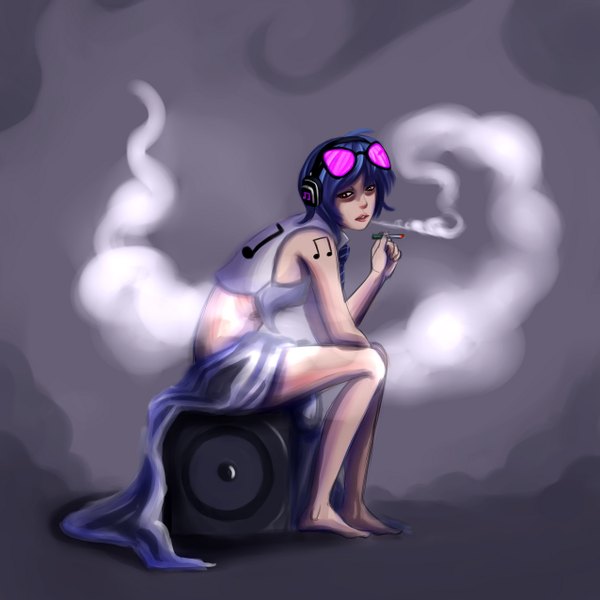Anime picture 1275x1275 with my little pony vinyl scratch (dj pon3) 123hamster single highres short hair red eyes sitting bare shoulders blue hair barefoot lips tattoo smoke smoking personification girl headphones sunglasses cigarette