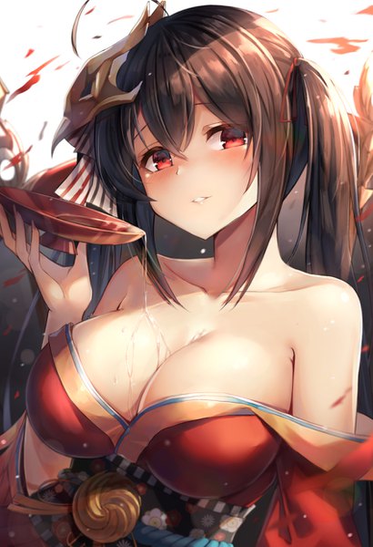 Anime picture 850x1243 with azur lane taihou (azur lane) motokonut single long hair tall image looking at viewer blush fringe breasts light erotic black hair simple background hair between eyes red eyes large breasts twintails bare shoulders holding payot