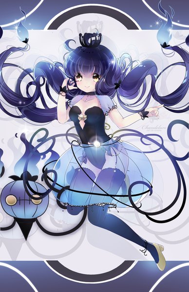 Anime picture 1183x1828 with pokemon nintendo chandelure ayasal single long hair tall image blush fringe light erotic smile hair between eyes twintails yellow eyes cleavage purple hair bent knee (knees) nail polish sparkle short sleeves