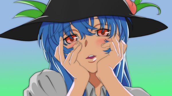 Anime picture 1280x720 with mirai nikki touhou hinanawi tenshi long hair blush red eyes wide image blue hair face parody yandere trance gasai yuno (cosplay) girl hat