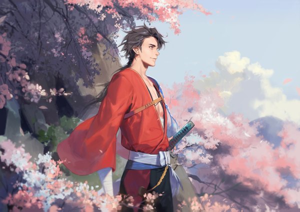 Anime picture 1300x919 with touken ranbu nitroplus mutsunokami yoshiyuki naked cat single long hair black hair smile standing looking away sky cloud (clouds) long sleeves traditional clothes japanese clothes profile wide sleeves orange eyes cherry blossoms boy