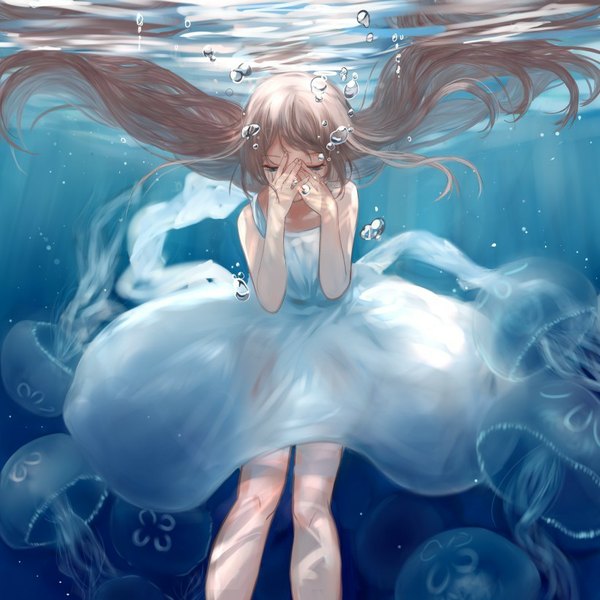 Anime picture 820x820 with original ran (pixiv2957827) single long hair fringe blue eyes brown hair eyes closed fingernails wet clothes underwater girl dress underwear white dress bubble (bubbles) jellyfish