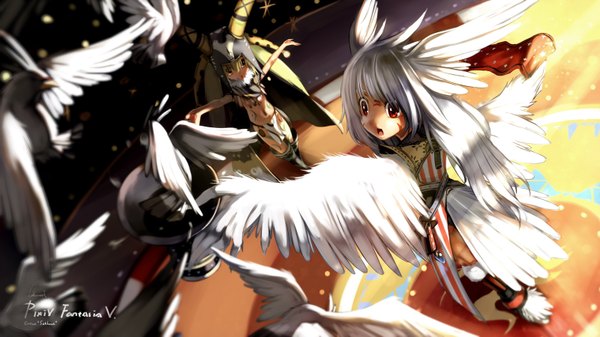 Anime picture 1600x900 with original pixiv fantasia observerz long hair open mouth red eyes wide image multiple girls yellow eyes white hair tattoo girl navel 2 girls animal wings bird (birds)