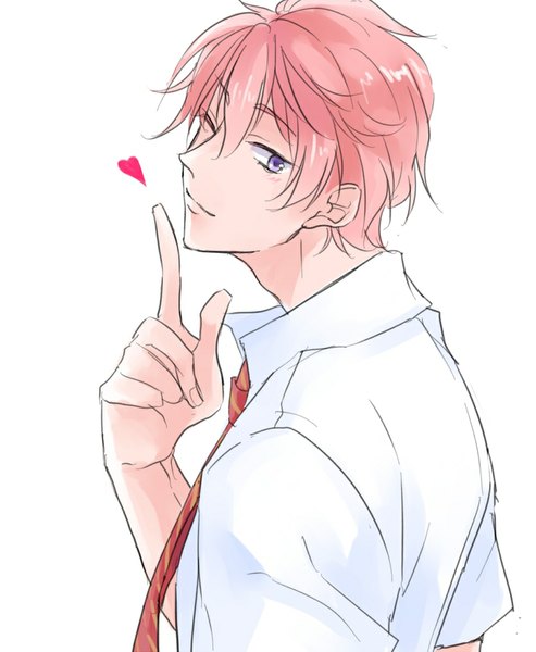 Anime picture 924x1125 with free! kyoto animation shigino kisumi single tall image short hair simple background white background purple eyes pink hair one eye closed looking back wink finger to mouth boy shirt necktie heart white shirt