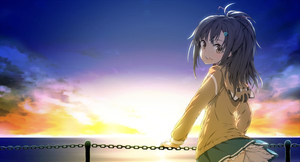 Anime picture 1728x936 with high school fleet irizaki mei asterisk (asterism) single long hair looking at viewer highres open mouth black hair wide image yellow eyes outdoors ponytail looking back from behind evening sunset horizon girl skirt