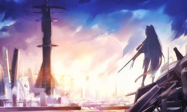 Anime picture 1920x1152 with girls frontline original awp (girls frontline) (nekoya (liu)) nekoya (liu) single highres wide image standing signed animal ears looking away sky cloud (clouds) full body outdoors tail very long hair animal tail pleated skirt from behind