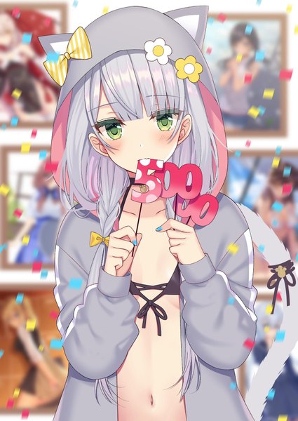 Anime picture 1451x2048 with original izumo neru single long hair tall image looking at viewer blush fringe light erotic holding green eyes silver hair indoors blunt bangs nail polish blurry open clothes mouth hold animal hood milestone celebration
