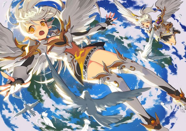 Anime picture 1000x706 with elsword aisha landar rena erindel pika (kai9464) long hair multiple girls yellow eyes sky white hair ponytail eyes closed :o happy surprised falling alternate hair color girl thighhighs skirt gloves