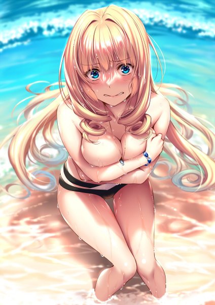 Anime picture 878x1241 with hanikami kanojo shoudou erena piromizu single long hair tall image looking at viewer blush fringe breasts blue eyes light erotic blonde hair large breasts bare shoulders payot cleavage outdoors blunt bangs from above