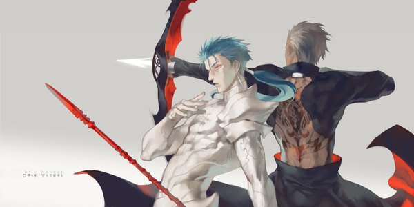 Anime picture 1400x700 with fate (series) fate/stay night fate/zero studio deen type-moon archer (fate) cu chulainn (fate) coralstone long hair short hair simple background wide image blue hair white hair tail grey hair from behind inscription grey background tattoo