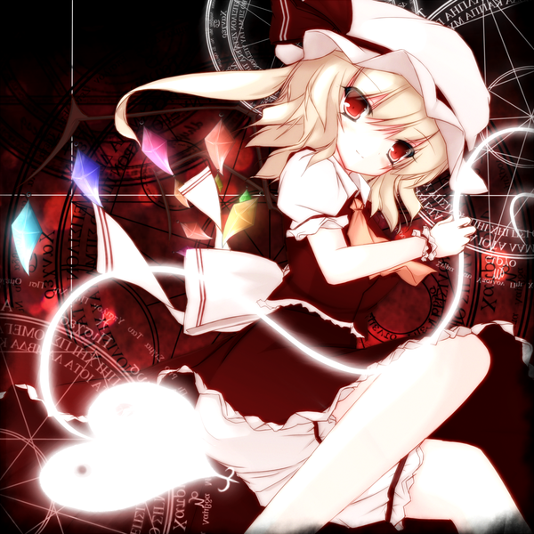 Anime picture 1200x1200 with touhou flandre scarlet yyy3 single short hair blonde hair red eyes magic girl dress skirt weapon wings frills bonnet skirt set crystal magic circle knickers laevatein (touhou)