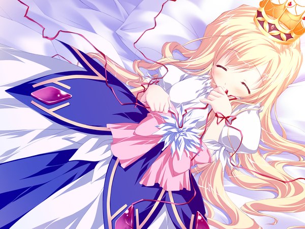 Anime picture 1600x1200 with lyrical lyric arietta (lyrical lyric) mikeou long hair blush blue eyes blonde hair game cg lying eyes closed loli girl thighhighs dress ribbon (ribbons) white thighhighs crown