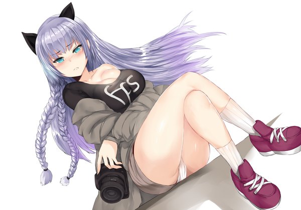 Anime picture 1200x840 with original hews single long hair looking at viewer blush fringe breasts blue eyes light erotic large breasts bare shoulders holding animal ears purple hair bent knee (knees) braid (braids) cat ears bare legs from below