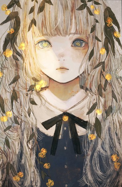 Anime picture 1373x2097 with original orie h single long hair tall image looking at viewer fringe blue eyes simple background upper body blunt bangs hair flower grey hair portrait shaded face expressionless girl flower (flowers)