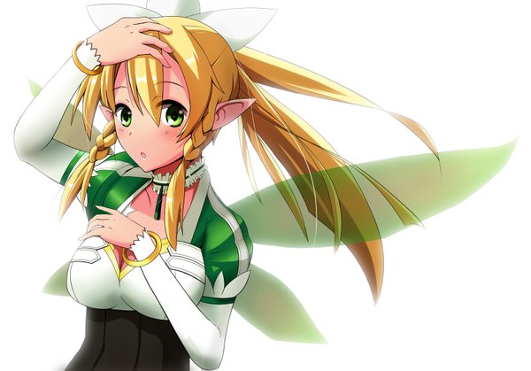 Anime picture 1589x1111 with sword art online a-1 pictures leafa itaya atsuno single long hair blush open mouth simple background blonde hair white background green eyes pointy ears girl dress wings bracelet