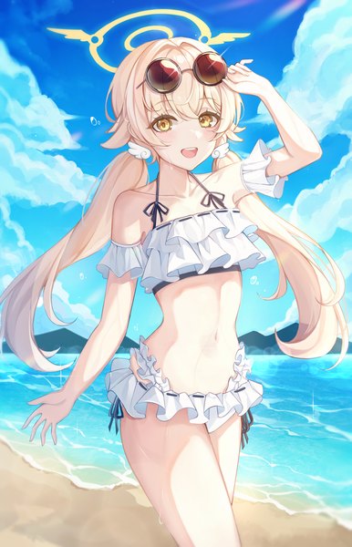 Anime picture 2256x3503 with blue archive hifumi (blue archive) hifumi (swimsuit) (blue archive) yulha 06 single long hair tall image looking at viewer blush fringe highres open mouth light erotic blonde hair standing twintails yellow eyes sky cloud (clouds) outdoors