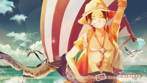 Anime picture 1366x768 with one piece toei animation portgas d. ace siriusplanet short hair black hair smile wide image sky cloud (clouds) eyes closed inscription open clothes open shirt freckles boy hat animal belt sea