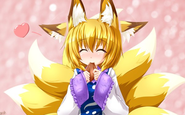 Anime picture 1920x1200 with touhou yakumo ran kazami karasu highres short hair blonde hair wide image eyes closed fox ears fox tail fox girl eating girl heart