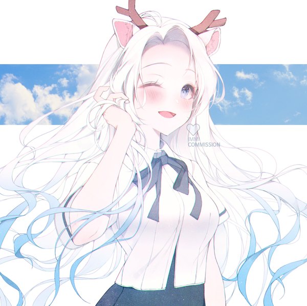 Anime picture 2205x2194 with original immi immi single long hair looking at viewer blush highres open mouth smile standing signed animal ears white hair one eye closed multicolored hair horn (horns) wink arms up two-tone hair floating hair