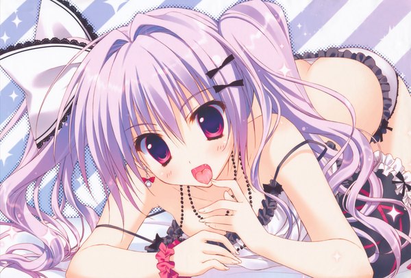 Anime picture 4635x3146 with tagme (character) ryohka single long hair blush highres open mouth light erotic purple eyes twintails bare shoulders absurdres purple hair ass :d scan teeth fang (fangs) striped wrist scrunchie