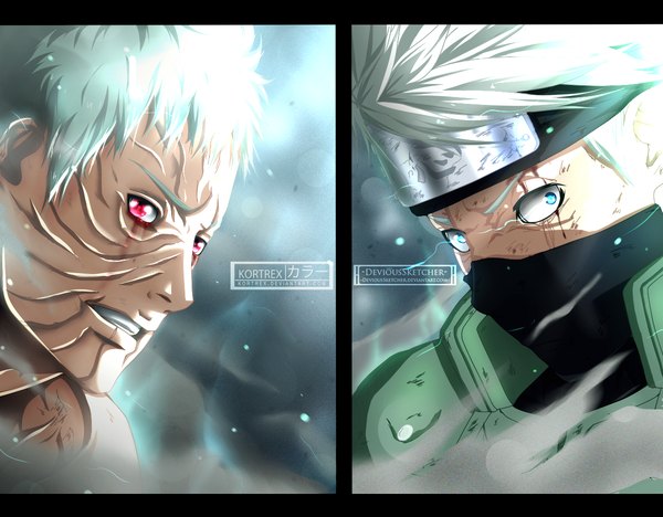 Anime picture 1200x937 with naruto studio pierrot naruto (series) hatake kakashi uchiha obito tobi kortrex devioussketcher short hair blue eyes smile white hair pink eyes sunlight multiple boys coloring glowing letterboxed scar close-up