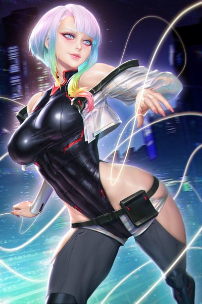 Anime picture 2400x3597 with cyberpunk edgerunners studio trigger lucy (cyberpunk) nudtawut thongmai single tall image fringe highres short hair breasts blue eyes light erotic large breasts standing looking away silver hair outdoors blunt bangs nail polish multicolored hair