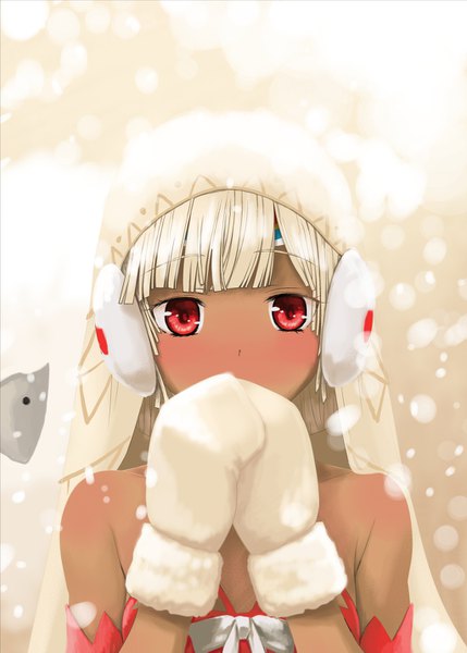 Anime picture 1024x1433 with fate (series) fate/grand order altera (fate) altera the santa (fate) kohige single tall image looking at viewer blush fringe short hair red eyes bare shoulders upper body white hair blunt bangs dark skin snowing covered mouth girl