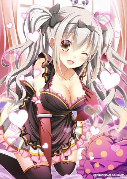 Anime picture 1100x1540 with original usagi nezumi single long hair tall image blush open mouth light erotic twintails brown eyes cleavage white hair one eye closed wink girl thighhighs dress bow black thighhighs hair bow
