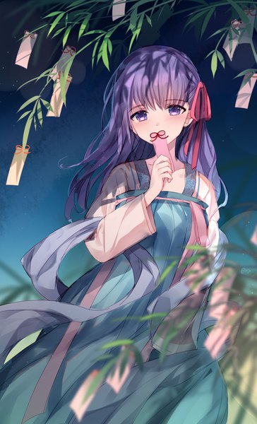 Anime picture 1000x1650 with fate (series) fate/stay night matou sakura bison cangshu single long hair tall image looking at viewer blush fringe standing purple eyes holding purple hair outdoors blunt bangs traditional clothes blurry night night sky