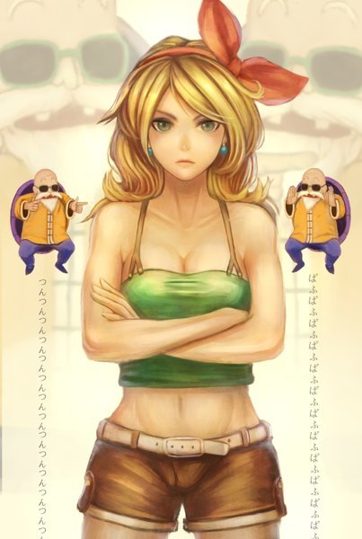 Anime picture 1128x1680 with dragon ball funch (dragon ball) yazuwo long hair tall image looking at viewer blonde hair bare shoulders green eyes bare belly crossed arms girl boy bow hair bow earrings shorts short shorts sunglasses beard