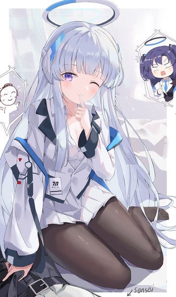 Anime picture 1187x2000 with blue archive yuuka (blue archive) sensei (blue archive) doodle sensei (blue archive) noa (blue archive) serika tall image looking at viewer blush light erotic sitting purple eyes multiple girls silver hair very long hair one eye closed finger to mouth solo focus yokozuwari girl