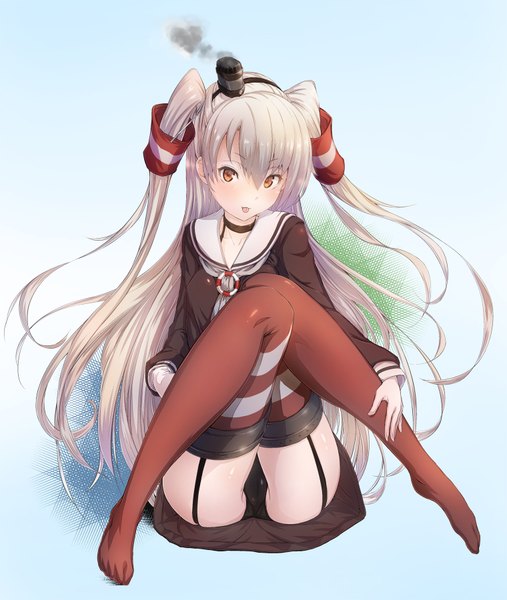 Anime picture 1520x1800 with kantai collection amatsukaze destroyer urigarasu single long hair tall image looking at viewer light erotic brown eyes silver hair two side up :p girl thighhighs underwear panties hat tongue hair tubes sailor suit