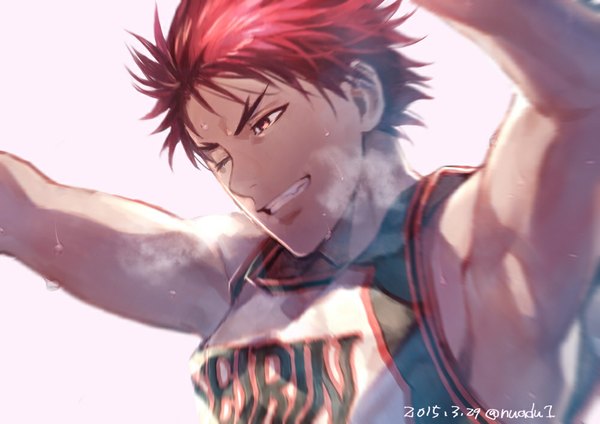 Anime picture 1000x707 with kuroko no basket production i.g kagami taiga tosu (tori su) single short hair smile red hair one eye closed lips arms up teeth shadow armpit (armpits) sweat dated eyebrows exhalation boy uniform