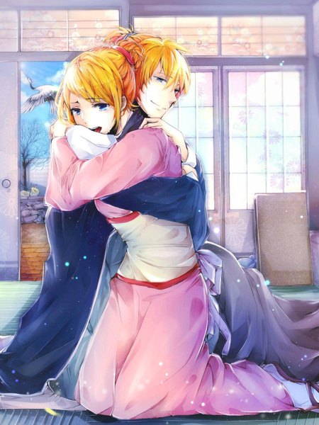 Anime picture 1024x1365 with vocaloid kagamine rin kagamine len ookurikurioo tall image fringe short hair blue eyes blonde hair smile sitting ponytail indoors traditional clothes japanese clothes profile wide sleeves alternate costume hug tears