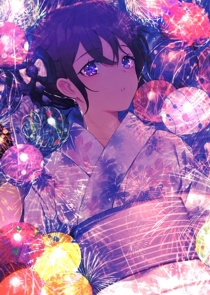 Anime picture 2111x2964 with original achiki single tall image looking at viewer blush fringe highres short hair black hair hair between eyes purple eyes upper body traditional clothes parted lips japanese clothes scan partially submerged floral print glowing