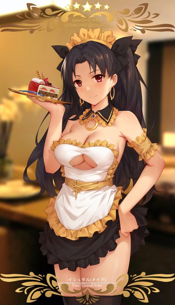 Anime picture 922x1600 with fate (series) fate/grand order ishtar (fate) yijian ma single long hair tall image looking at viewer blush fringe breasts light erotic black hair smile red eyes large breasts standing bare shoulders cleavage indoors