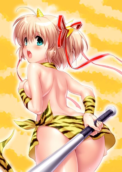 Anime picture 1000x1402 with little busters! key (studio) kamikita komari zen (kamuro) single long hair tall image looking at viewer blush breasts blue eyes light erotic from behind orange hair two side up topless covering covering breasts girl hair ornament