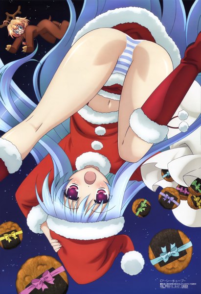 Anime picture 4077x5942 with cube x cursed x curious megami magazine silver link fear kubrick muramasa konoha long hair tall image blush highres open mouth light erotic red eyes multiple girls blue hair absurdres bent knee (knees) official art fur trim christmas upside down