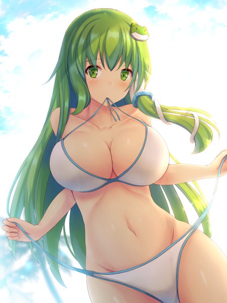 Anime picture 1800x2400 with touhou kochiya sanae liya single long hair tall image looking at viewer blush fringe highres breasts light erotic hair between eyes large breasts holding green eyes payot sky cleavage cloud (clouds)