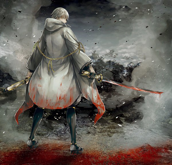 Anime-Bild 1651x1586 mit touken ranbu nitroplus tsurumaru kuninaga abandon ranka single looking at viewer short hair holding yellow eyes silver hair full body profile looking back from behind covered mouth bloody clothes bloody weapon boy gloves weapon