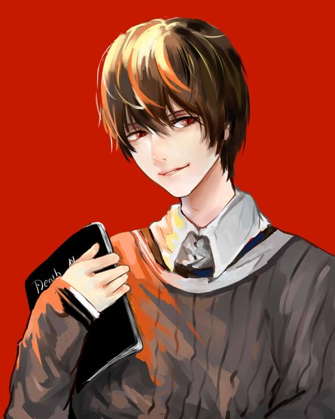 Anime picture 1200x1500 with death note madhouse yagami light gali single tall image looking at viewer fringe short hair simple background smile hair between eyes red eyes brown hair holding upper body head tilt red background boy shirt