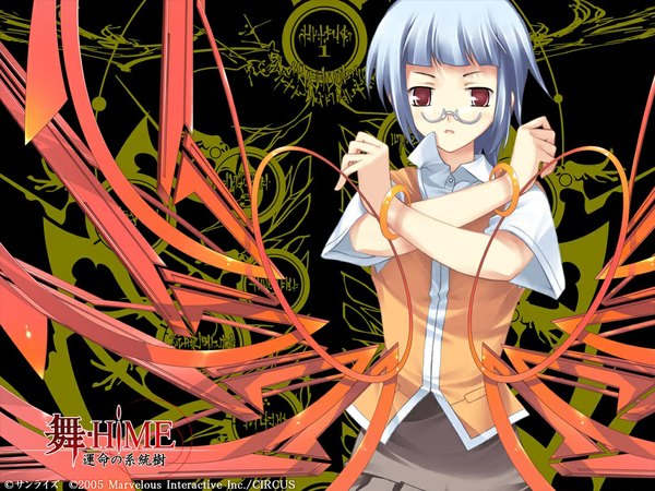 Anime picture 1024x768 with mai hime sunrise (studio) miyu greer yaegashi nan single looking at viewer fringe short hair red eyes silver hair upper body blunt bangs official art crossed arms expressionless girl glasses bracelet